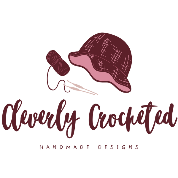 Logo for 'Cleverly Crocheted' with a crocheted hat, yarn ball, and crochet hook on a white background.