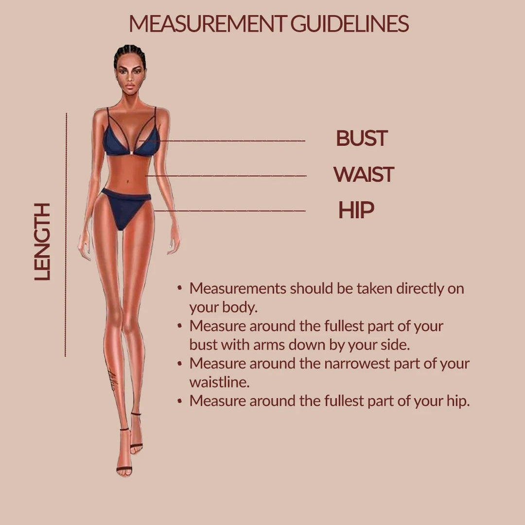 Dress size chart with measurements for bust, waist, and hip, along with a body figure illustration.