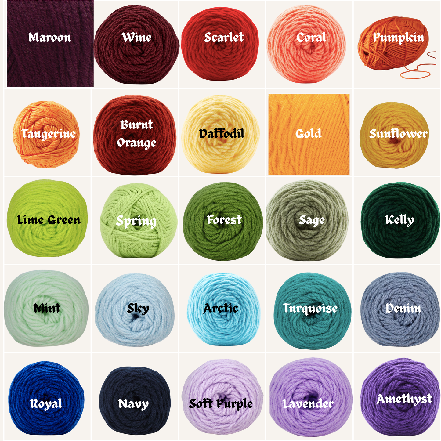 Collection of yarn balls in various colors with labels on a white background