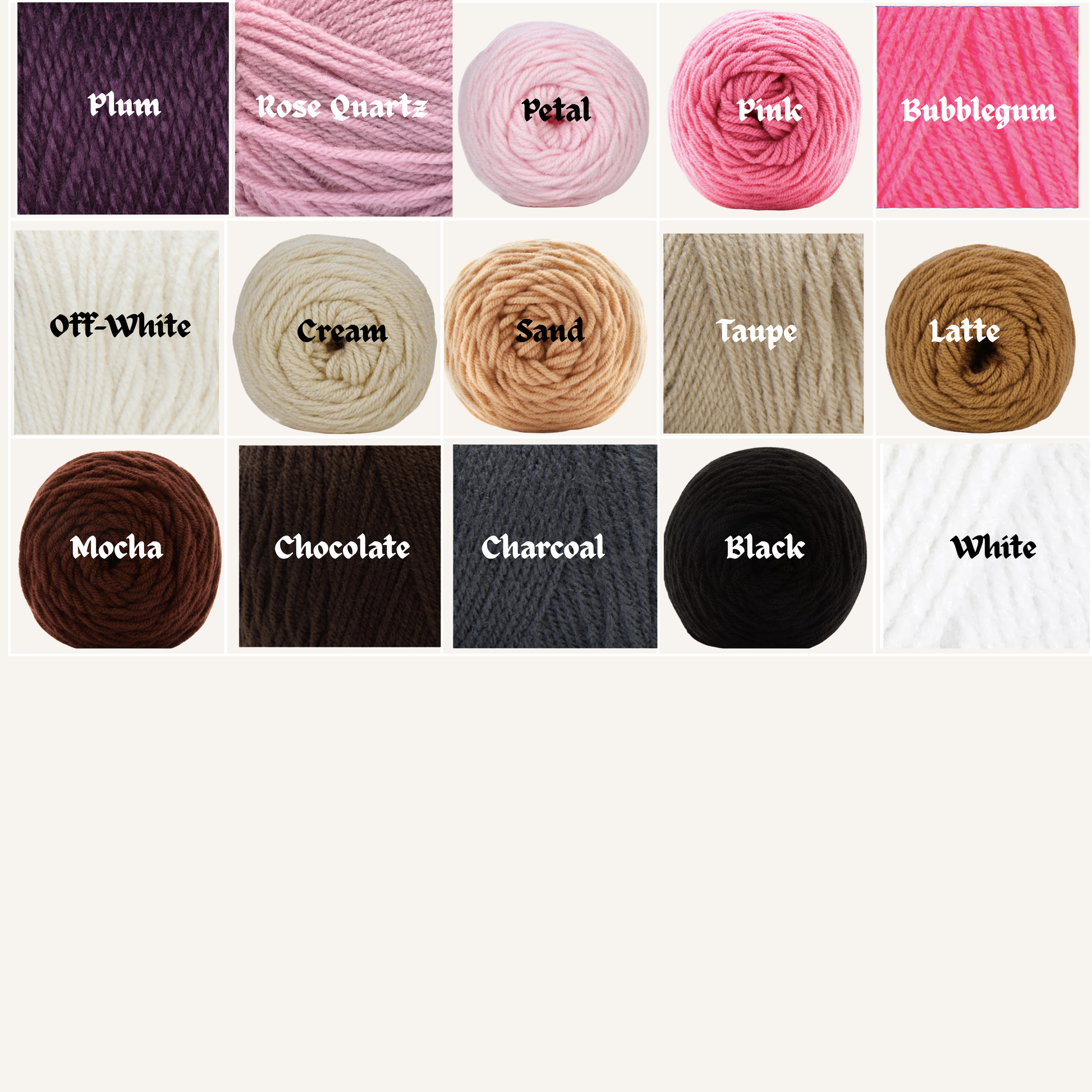 Yarn color swatches labeled with names on a white background
